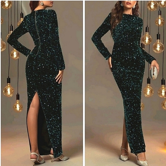New Glam Full Length Sequin Velvet Gown Dress Long Sleeve Dark Green
